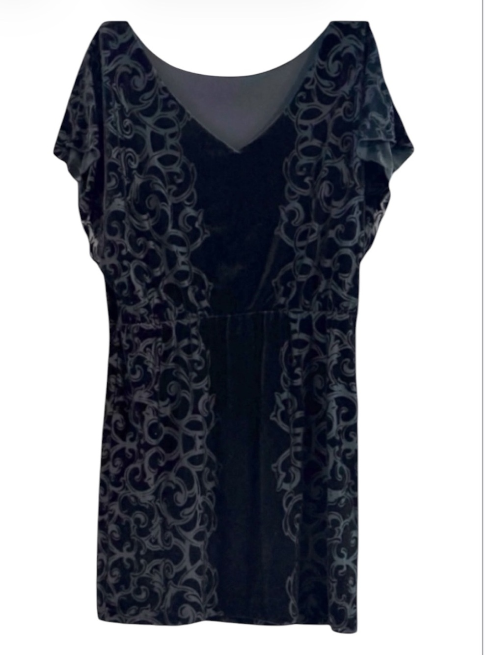 WHBM Solid Black Scroll Velvet Stretch Waist Mini Dress Size M